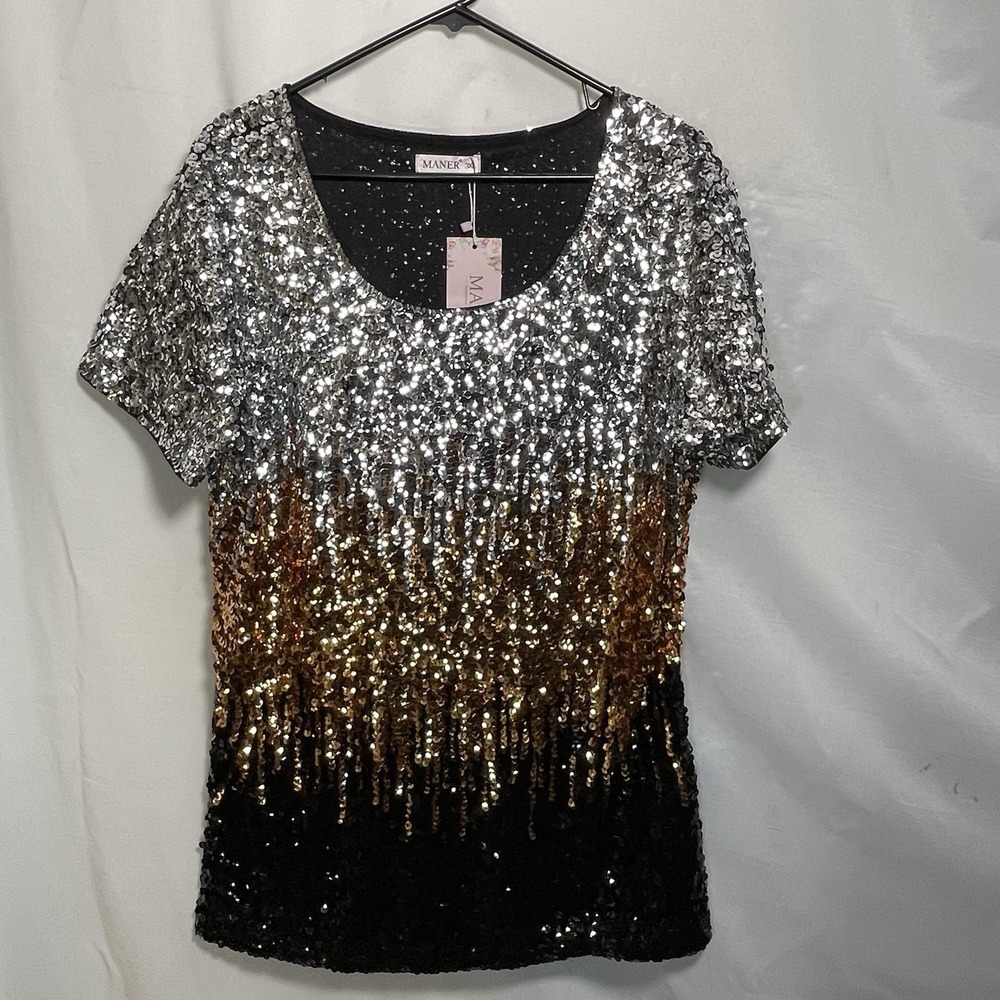 Maner Women's Silver/Gold/Black Sequin Short Sleeve Sparkle Blouse Shirt 2X-3X